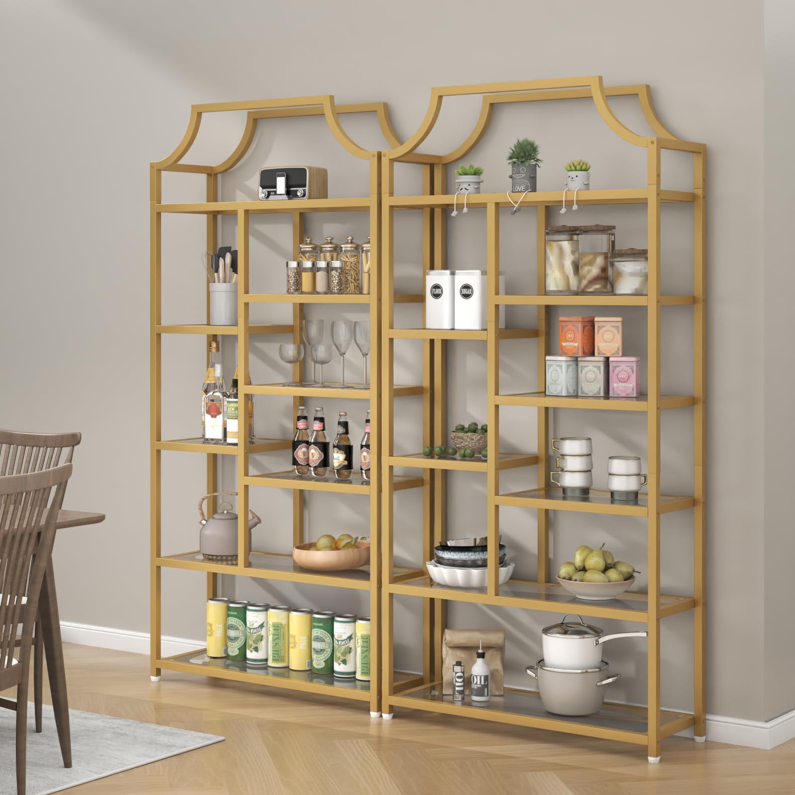 8-Tier Tempered Glass Etagere Bookshelf – Gold Metal Frame