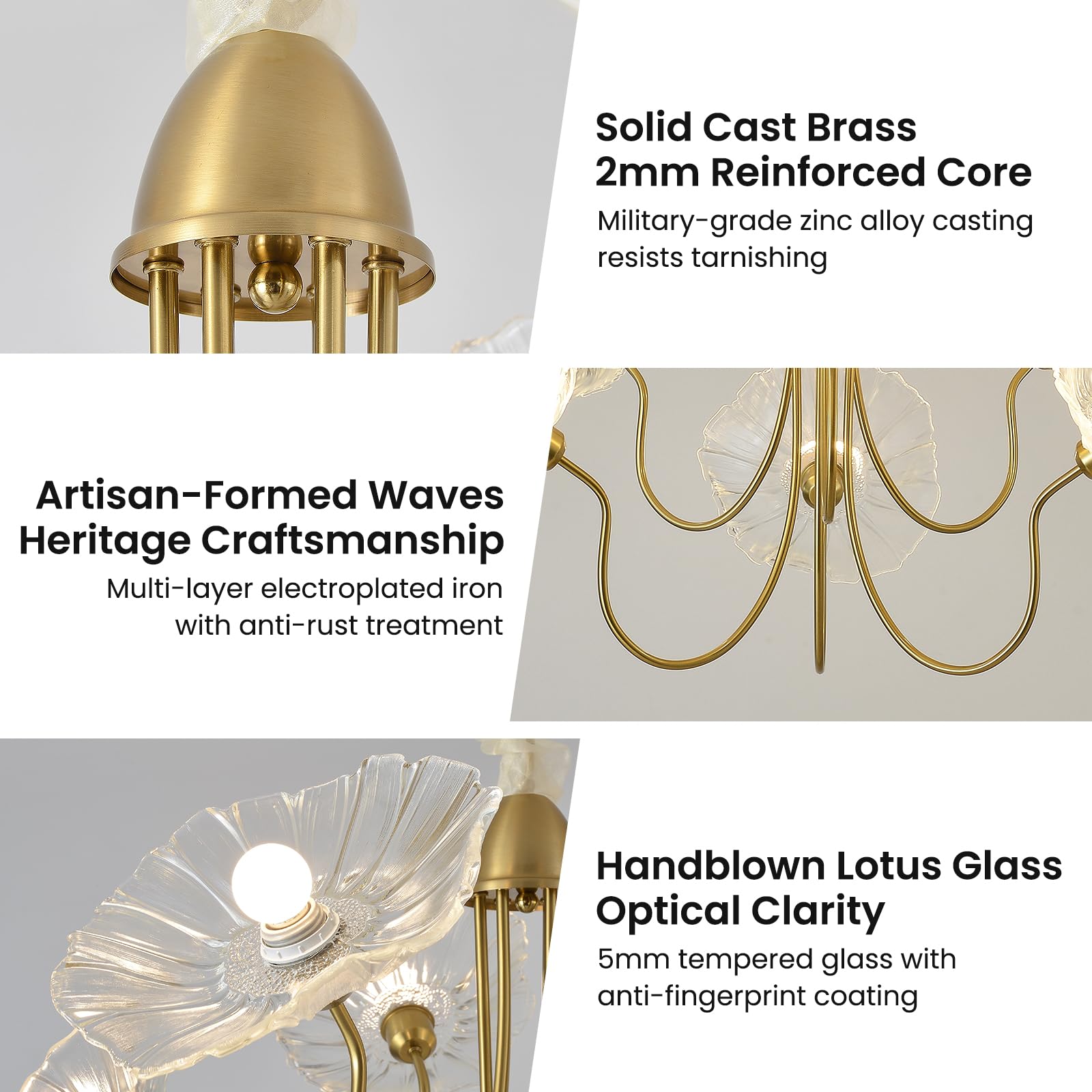 APLampara 33.4" Modern Floral Glass Chandelier, 6-Light Extra Large Ceiling Light Fixture with Clear Flower Shades, Brass Gold Accents for Living Room, Bedroom, Dining Room