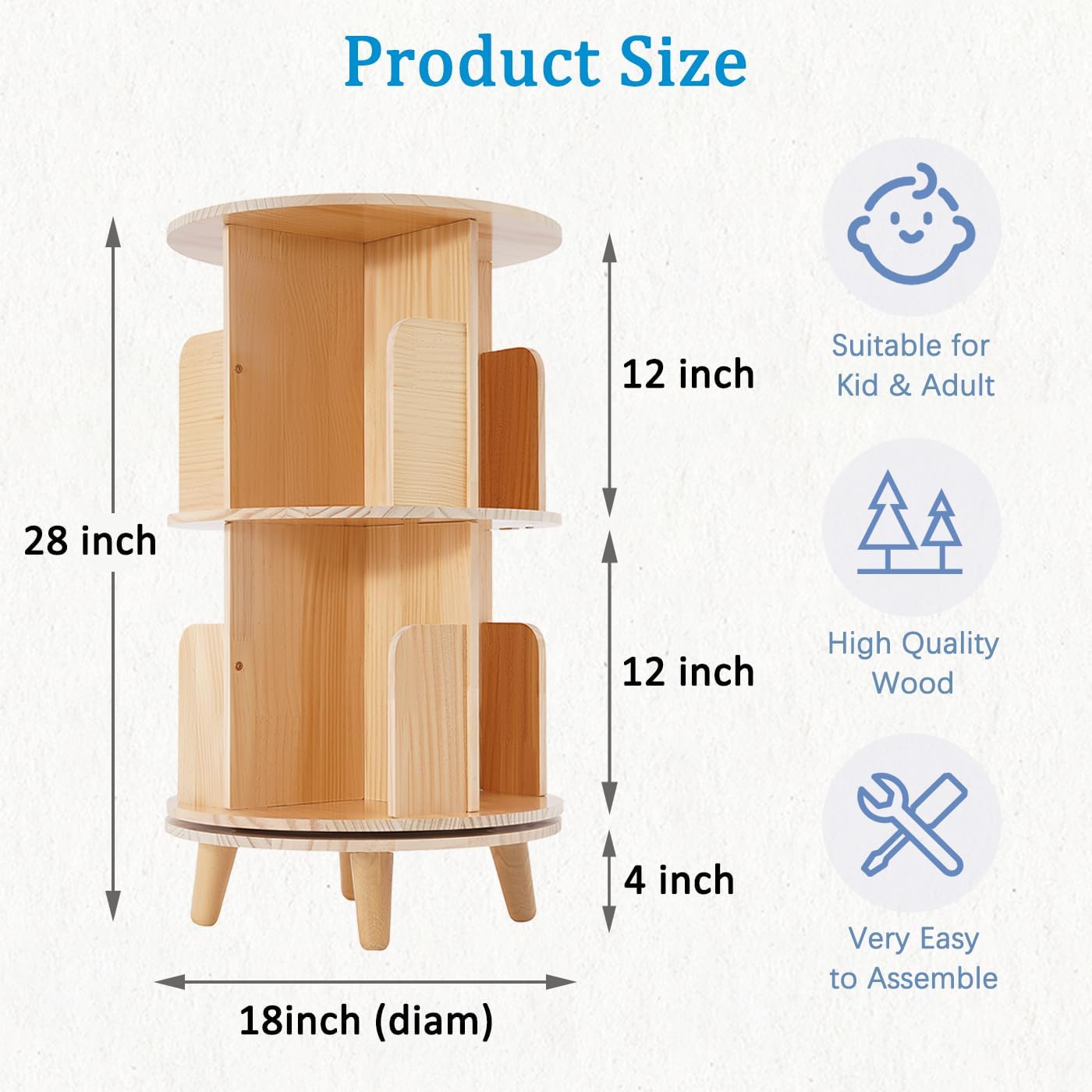 Gdrasuya10 2 Tier Rotating Bookshelf with Legs, 360 Display Revolving Bookcase Standing Bookcase Round Corner Bookshelf Wood Book Storage Display Shelves for Kids&Adults Small Space