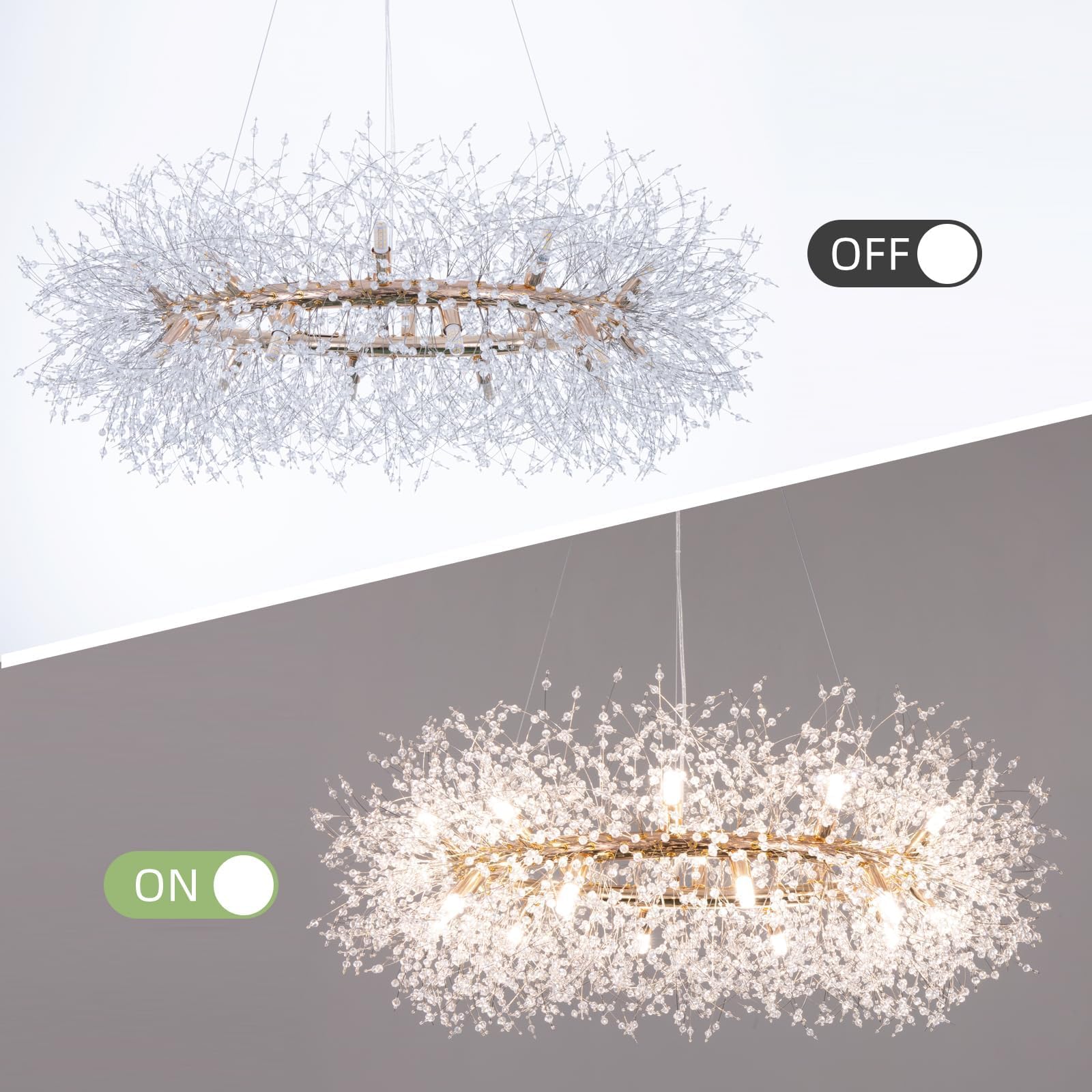 Wellmet Firework Chandelier 38 inch, Modern Crystal Chandelier Gold Wagon Wheel Light Fixture, Mid Century Round Ceiling Lighting for Dining Room, Foyer, Living Room, Bedroom, Hallway, Entryway