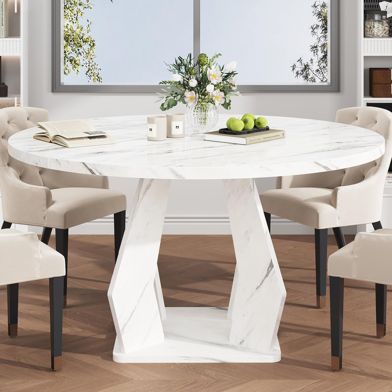 IBF Round Marble Dining Table,Dinner Tables for Kitchen 4-6,47 Inch Modern Pedestal Dining Room Table for Kitchen,Office,Living Room,White Marble