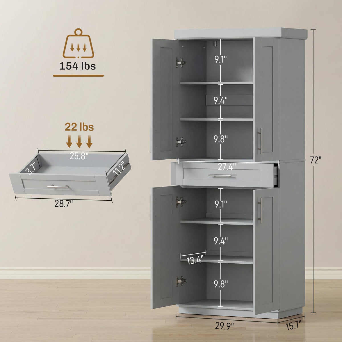 Gray Kitchen Pantry Cabinet