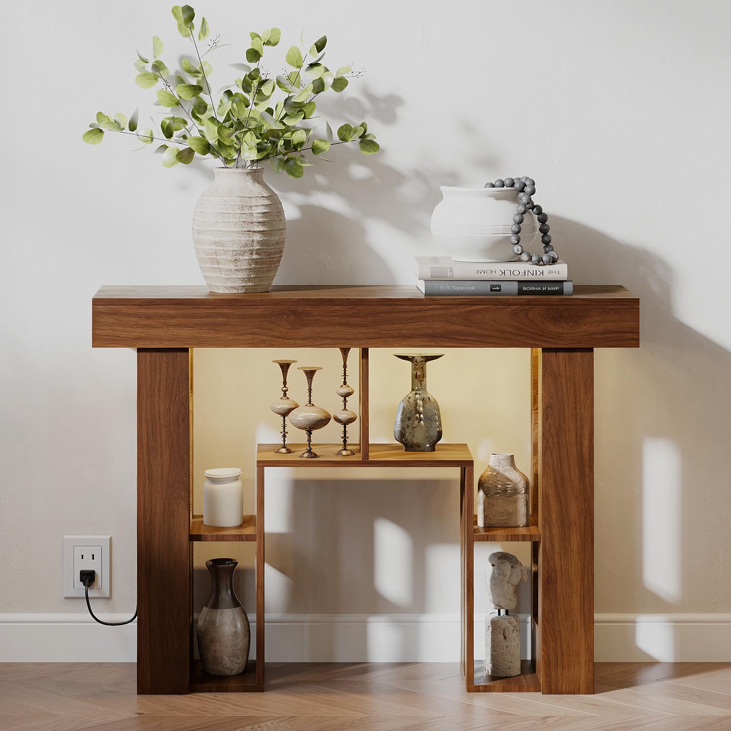 Console Table for Entryway,Narrow Console Table with Storage,Open Shelving,Sofa Table Behind Couch,Power Outlets and USB Ports,Suitable for Living Rooms,Hallways,and Entryways(Console Table-Walnut)
