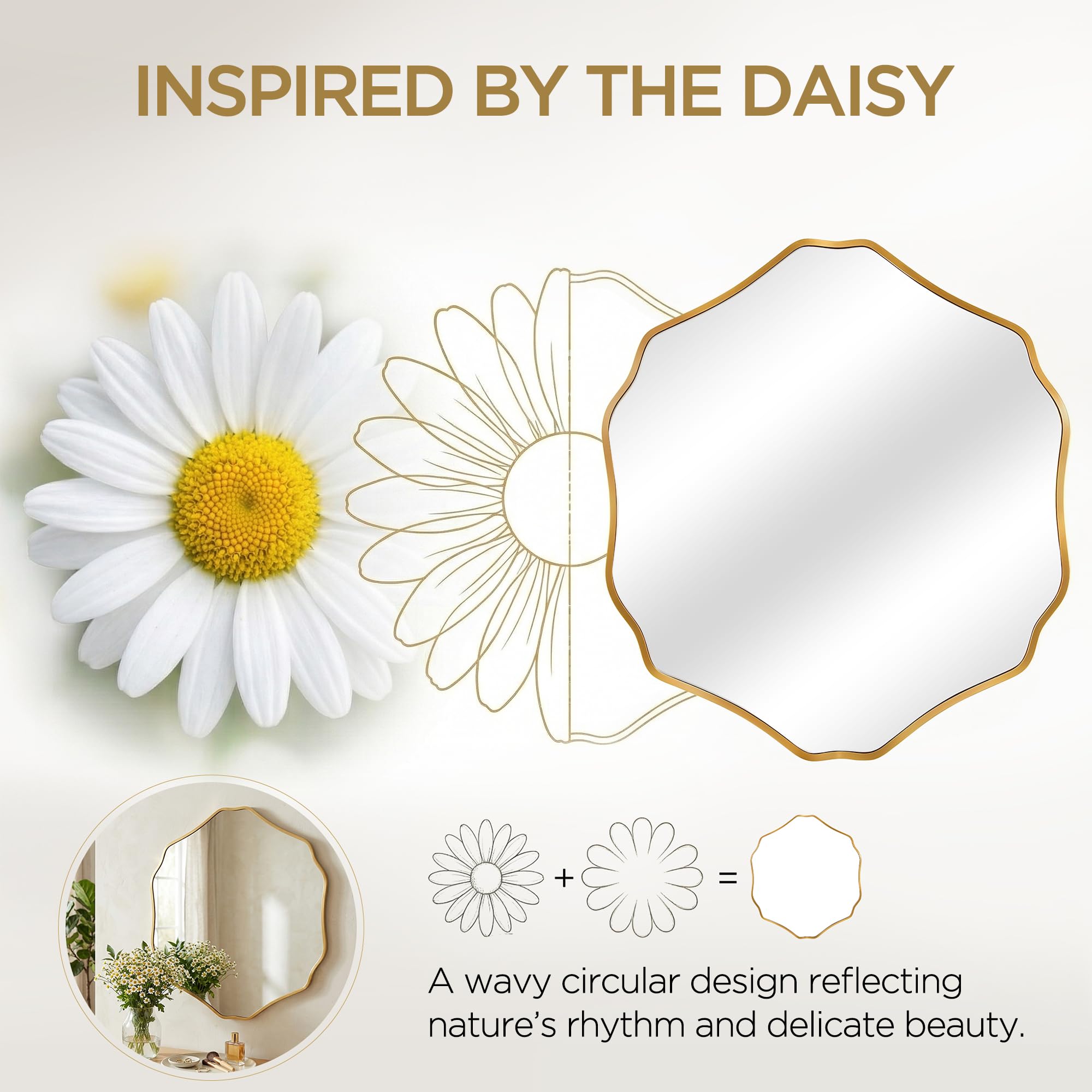 Hexagonal Wall Mirror with Wavy Edge & Brushed Gold Frame