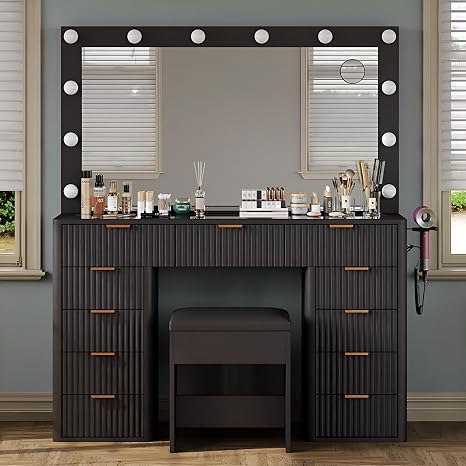 47" LED Makeup Vanity Desk with Stool & 11 Drawers