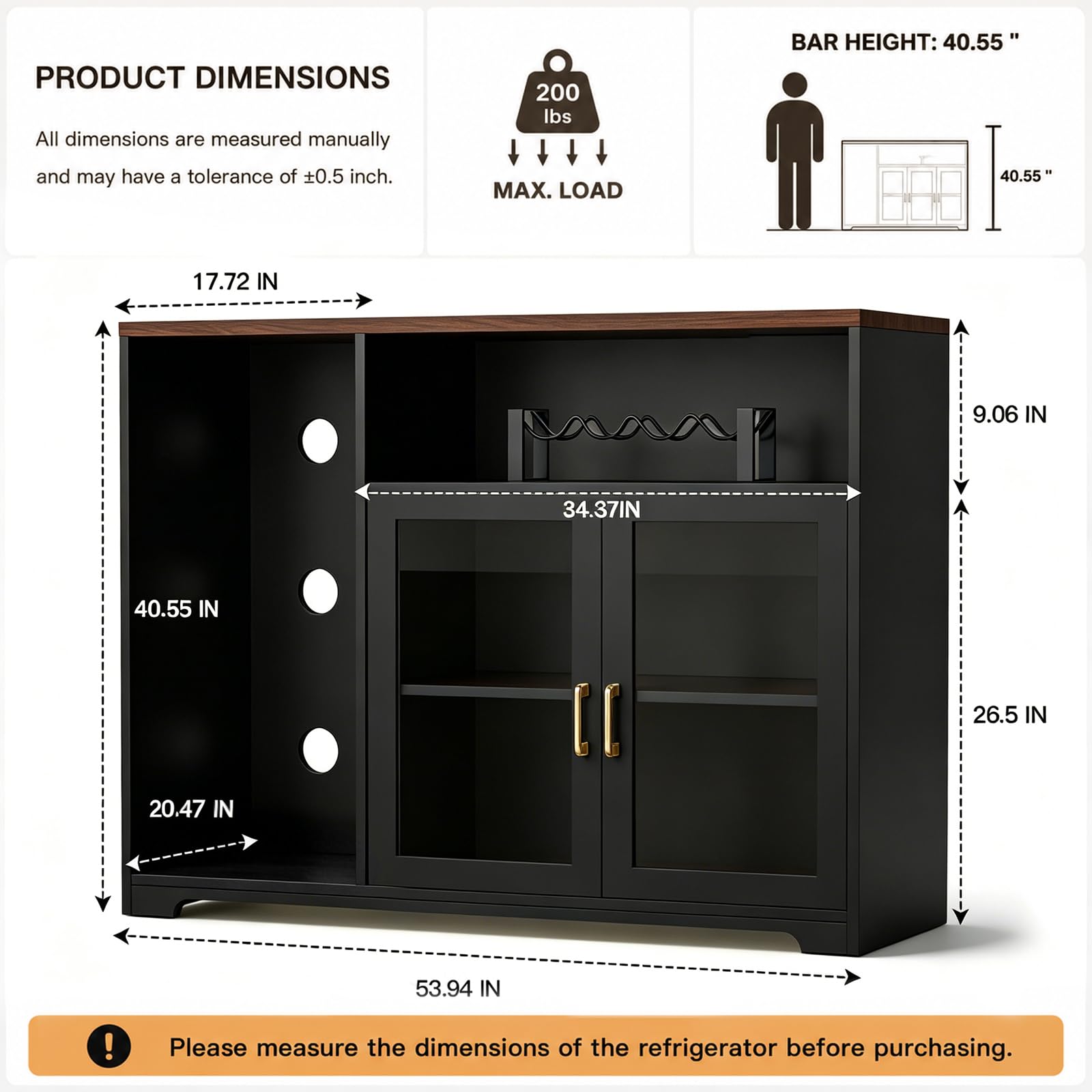 Wine Bar Cabinet with LED Light & Power Outlets, Coffee Bar Cabinet With Fridge Space, MDF Liquor Cabinet with Wine Rack, Glass Holder, Aluminum Alloy Handle, Mini Bar For Home, Kitchen (Black)
