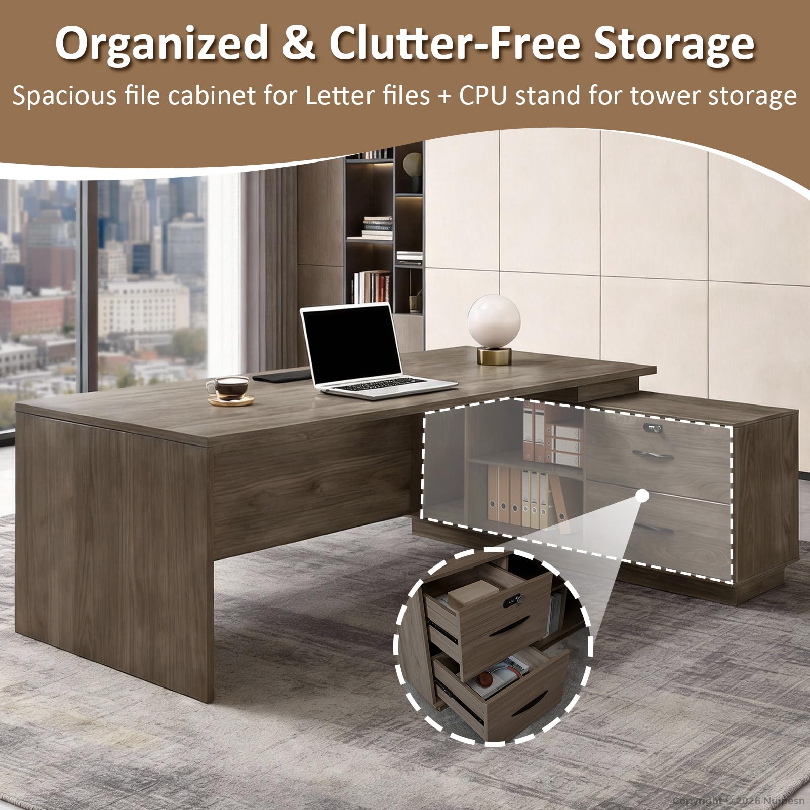 L-Shaped Executive Office Desk with Locking Drawers