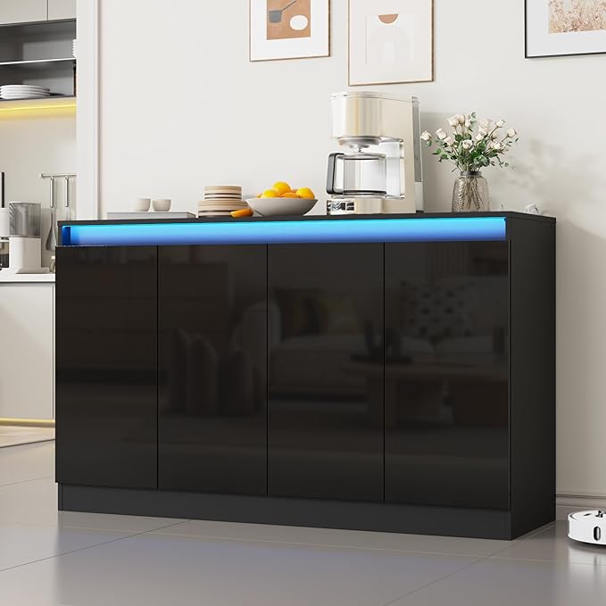 LED Buffet Cabinet with 4 Doors & Charging Station