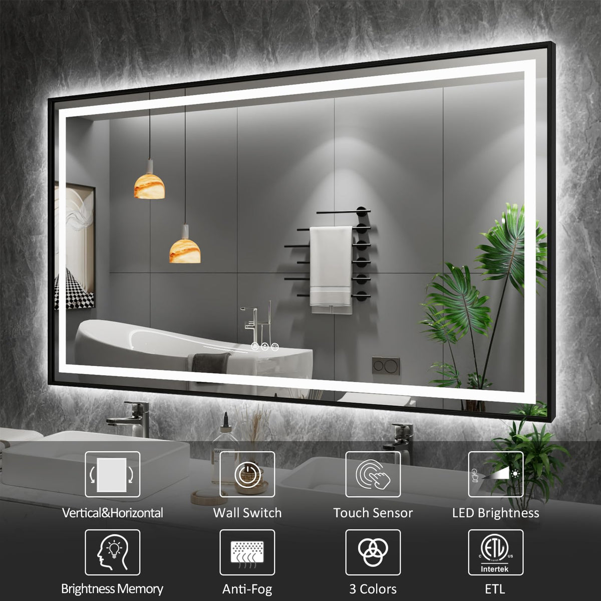 Amorho LED Bathroom Mirror, 60"X36" Front Lit and Backlit with Black Frame
