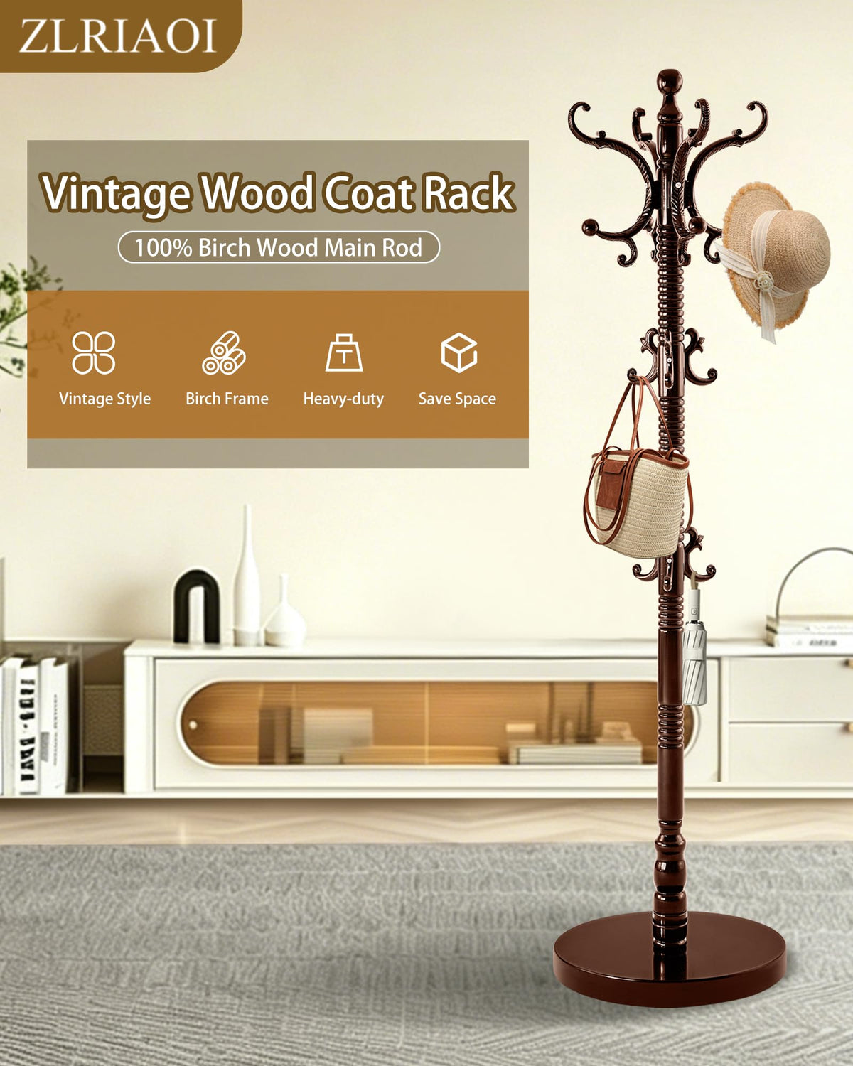 Wooden Coat Rack with 14 Hooks