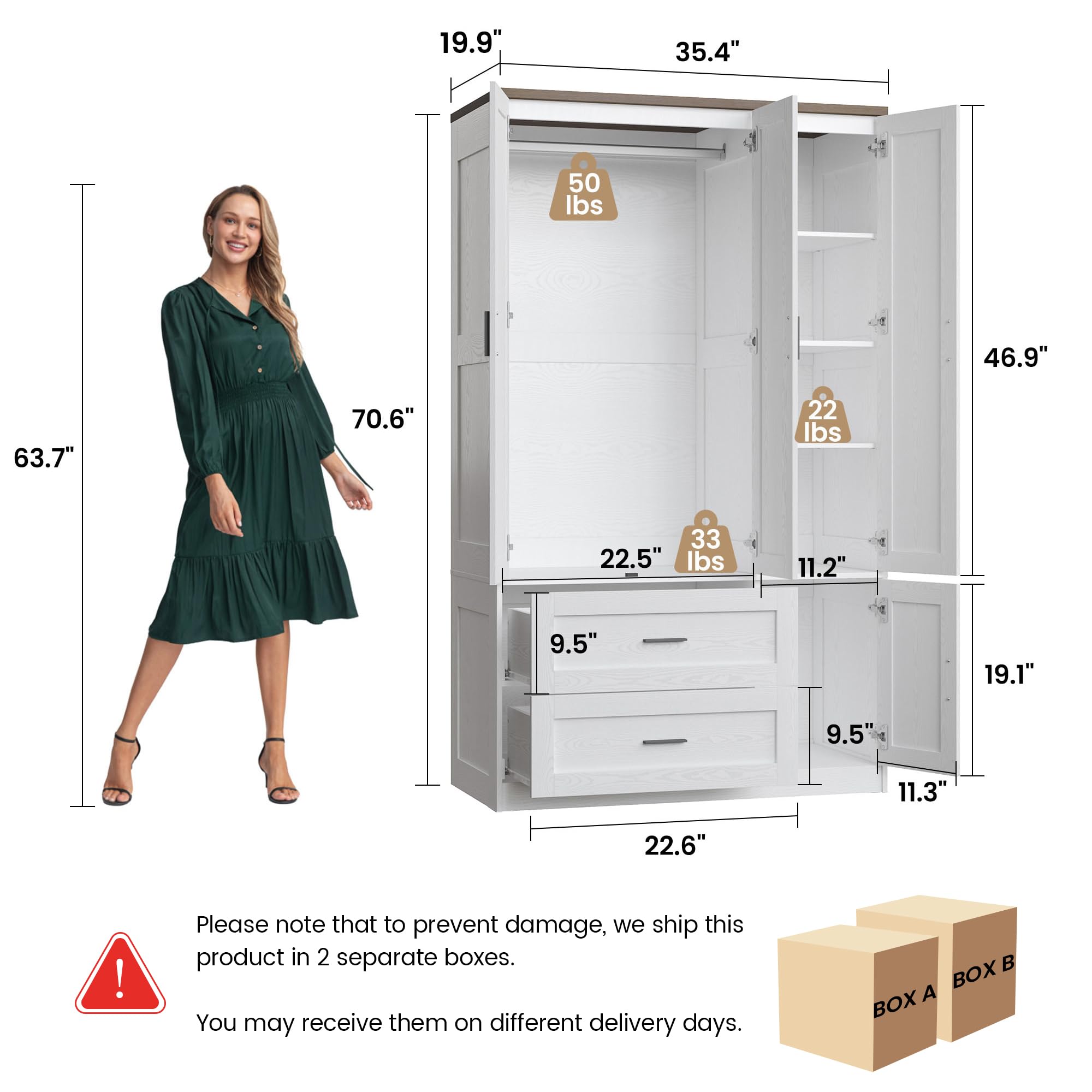 Freestanding Wardrobe Closet with Drawers & Shelves