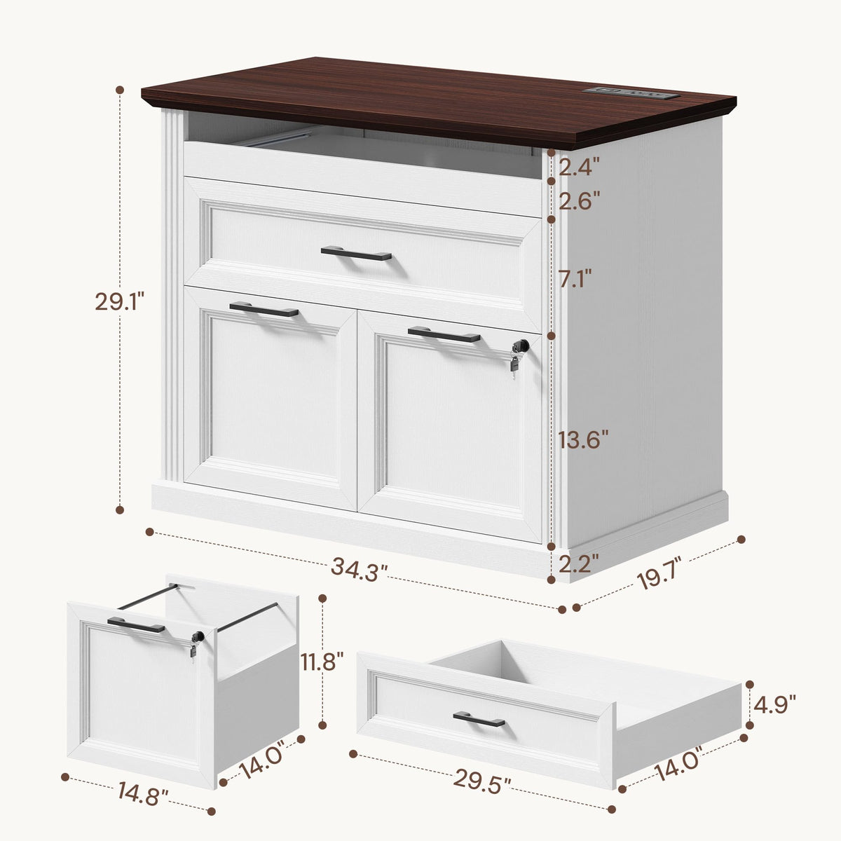 3-Drawer File Cabinet with Charging Station