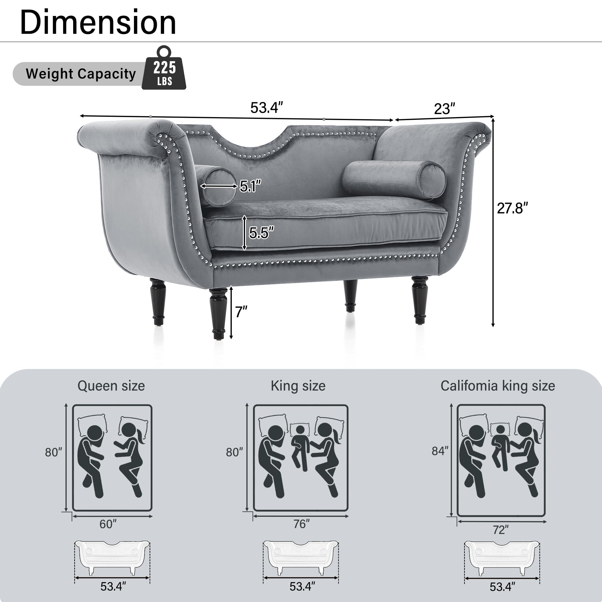 Velvet Ottoman Bench with Bolster Pillows & Nailhead Trim