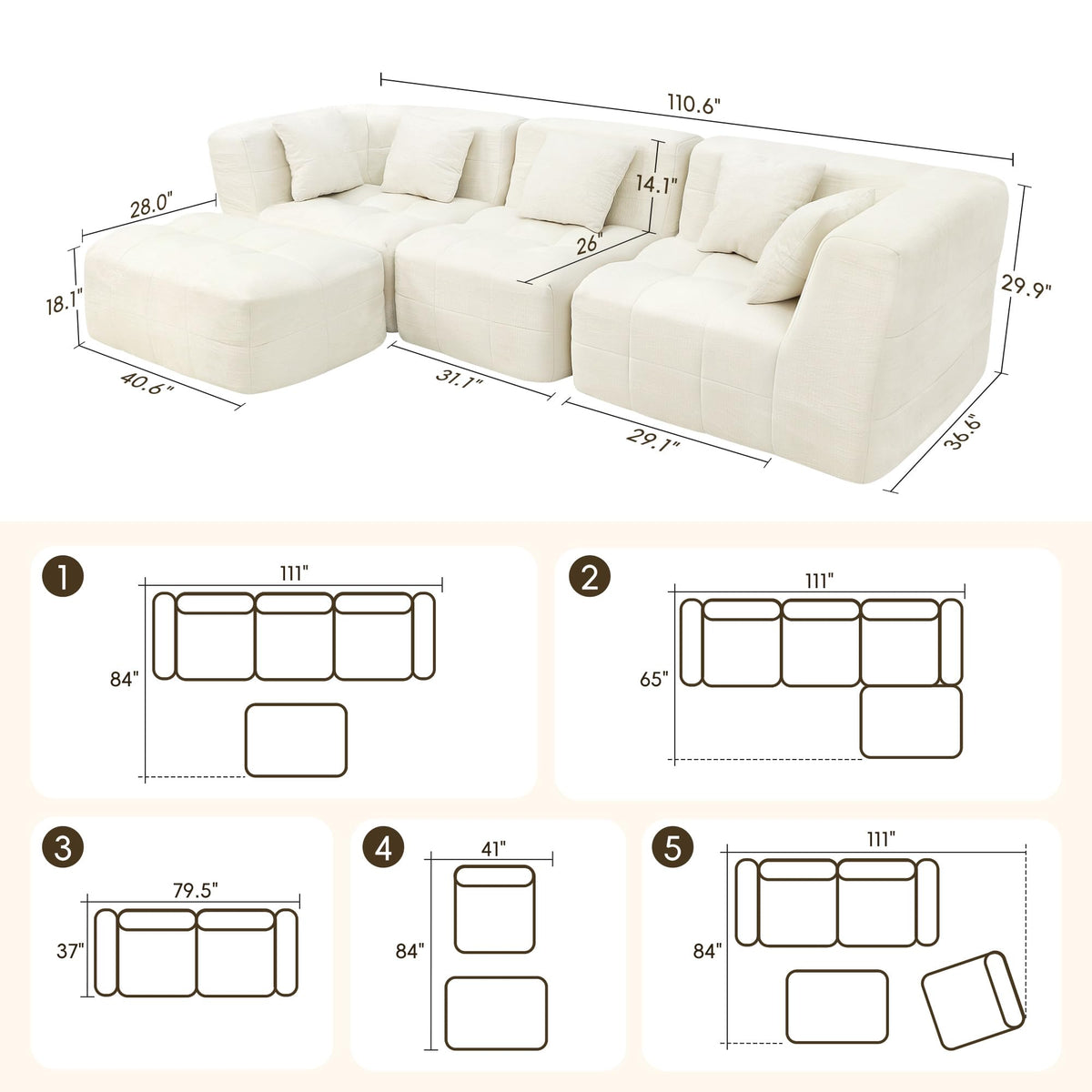 XVD 110" Boneless Couch, Modular Sectional Sofa with Deep Seat, Off White