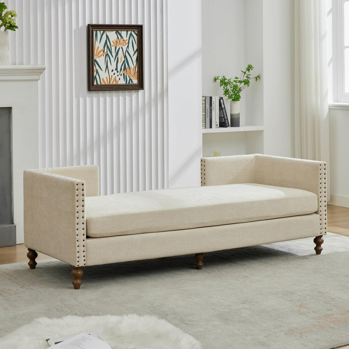 KEIKI 75" Chenille Indoor Chaise Lounge Chair with 4 Pillows, 2 Bolsters & Nailheads, Upholstered Sleeper Sofa Couch Day Bed, Rubber Wood Legs Daybed Recliner Bench for Living Room Bedroom Apartment