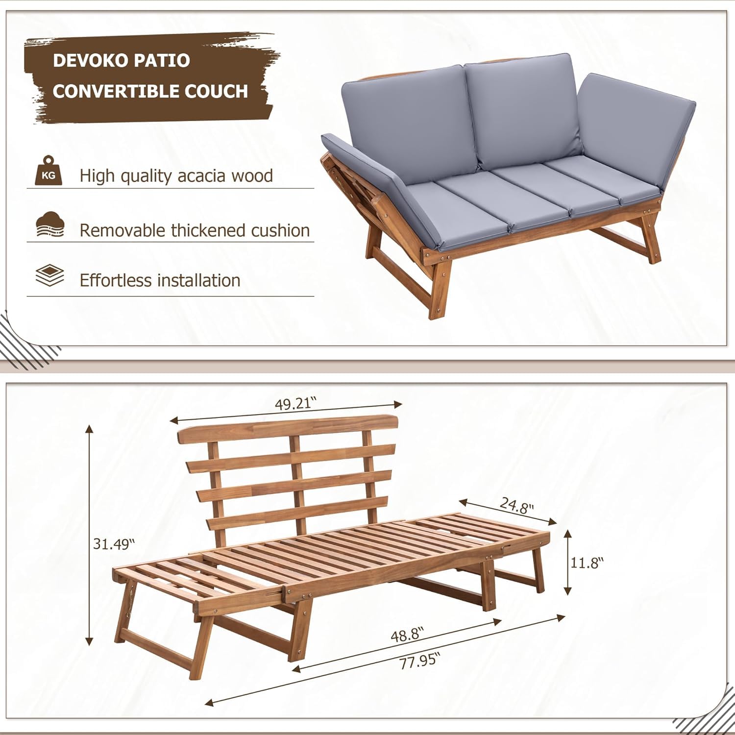 Outdoor Convertible Daybed Sofa with Acacia Wood Frame