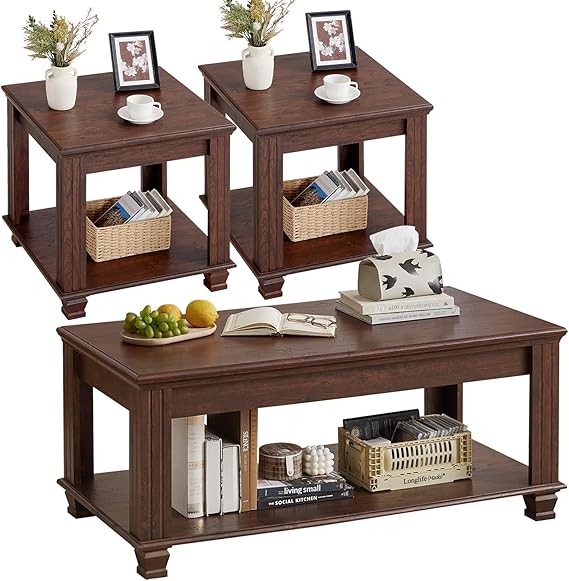 3-Piece Farmhouse Coffee & End Table Set with Open Shelf