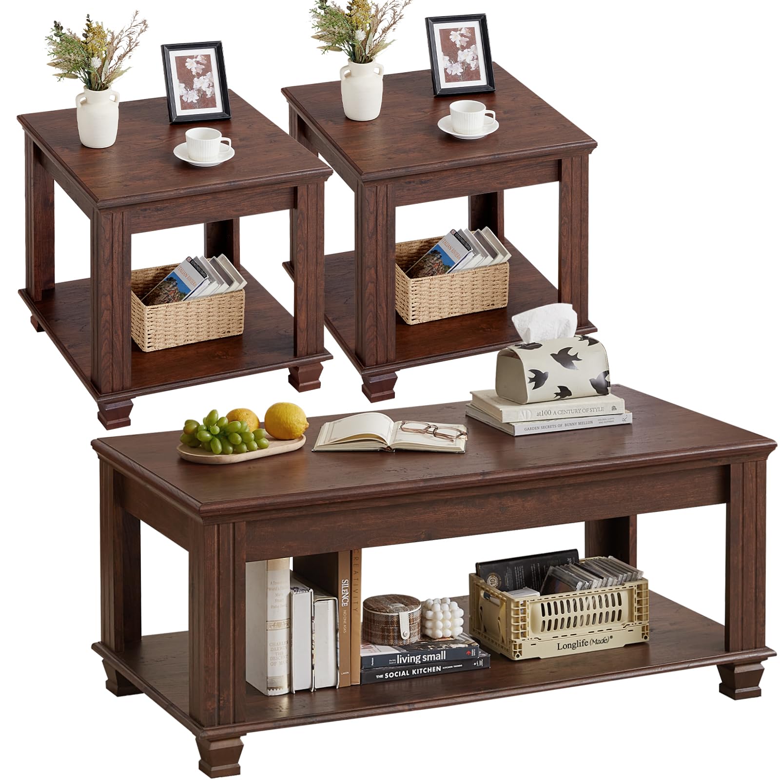 Farmhouse Coffee Table Set of 3 with Open Shelf