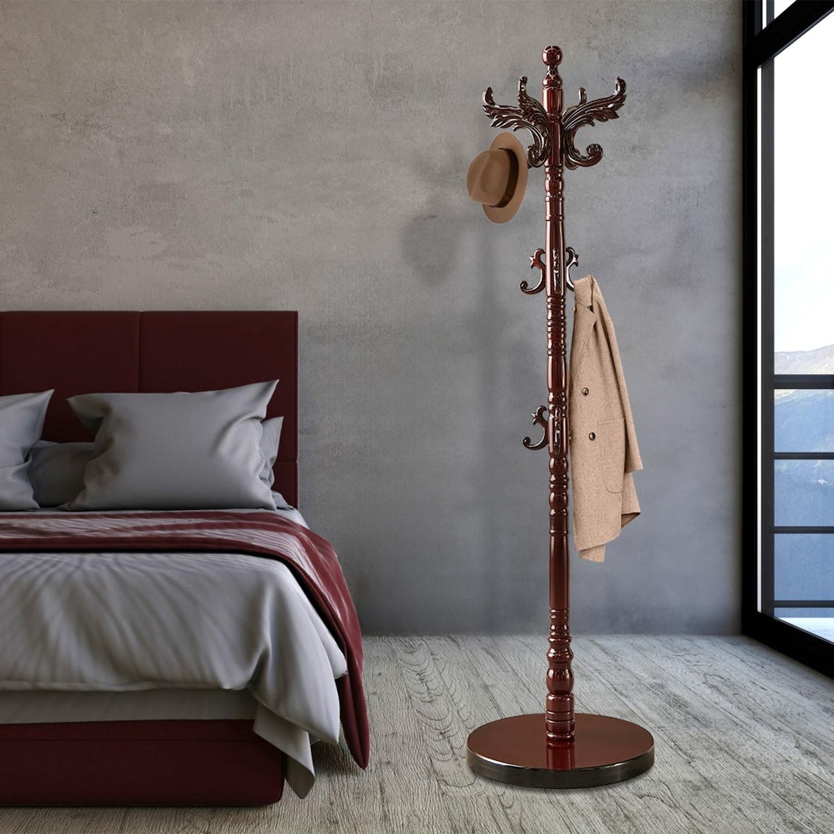 Snaikor Wooden Coat Rack Freestanding with Stable Round Base 14 Hooks