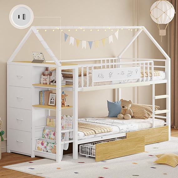 House-Shaped Twin Bunk Bed with Storage Drawers & String Lights
