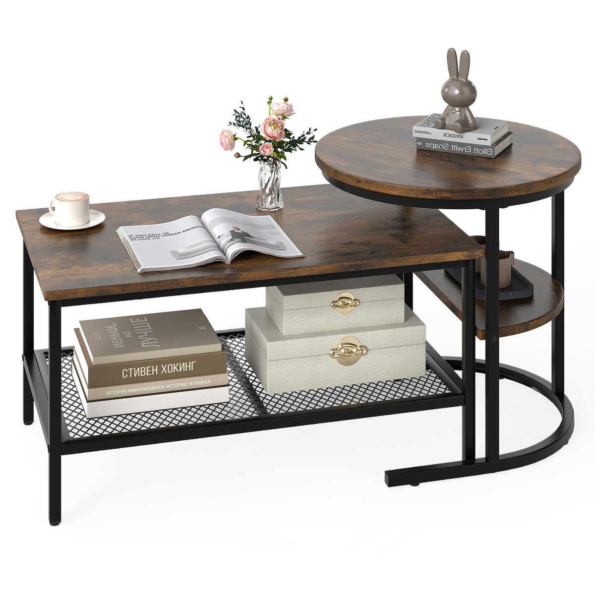 KOTEK Nesting Coffee Table Set of 2, Detachable Rectangular Coffee Table & Small Round End Table Set, Faux Marble Pattern & Sturdy Metal Frame, Modern Nesting Tables for Living Room (Brown)