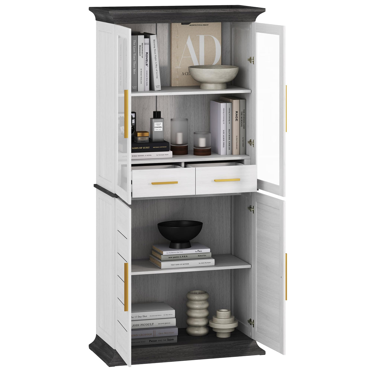 BELLEZE 72" High Storage Cabinet with Adjustable Shelves and Drawers, Freestanding Cabinet with Ample Storage Space for Kitchen, Dining & Living Room - White