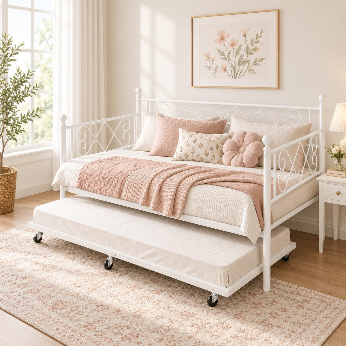 Garvee Daybed with Trundle, Heart‑Shaped Daybed with Trundle, Sturdy Metal Sofa Bed, Heavy-Duty Metal Bed Frame Support, for Living Rooms, Bedrooms, and Guest Rooms, Easy Assembly