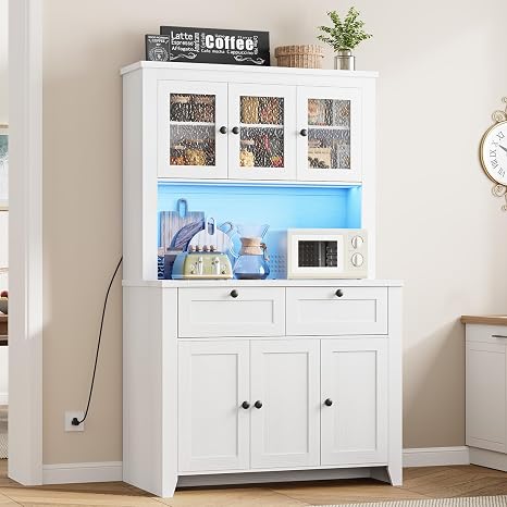 66" Tall Kitchen Pantry Cabinet with LED Light & Power Outlet