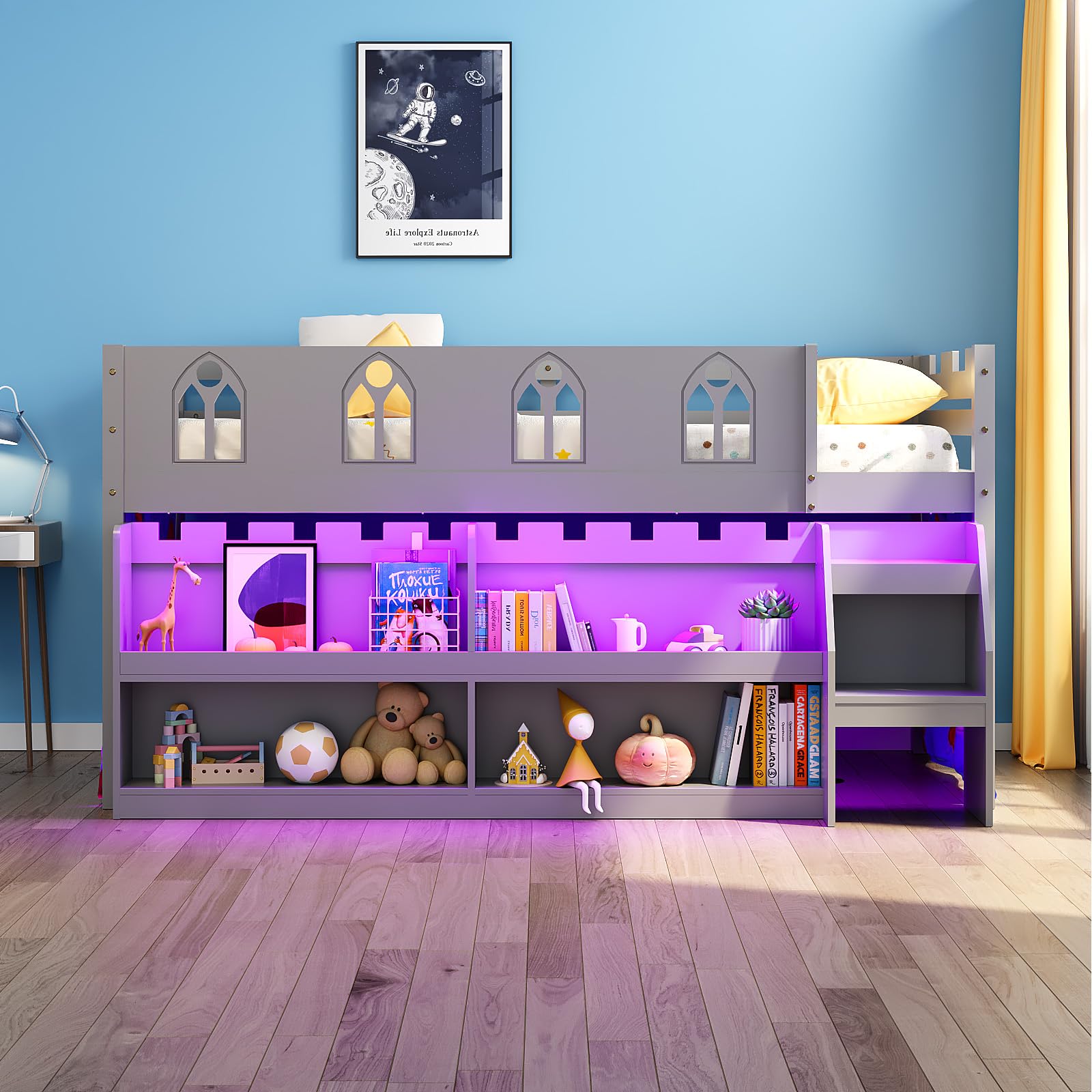 Twin Low Loft Bed with LED Lights & Storage