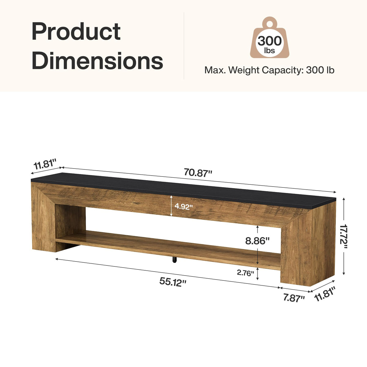 Tribesigns 71-Inch Extra Long Entryway Bench with Shoe Storage, Farmhouse Shoe Bench with 2 Shelves, Wooden Indoor Seating for Hallway, End of Bed, Living Room, Mudroom, Rustic Brown & Black