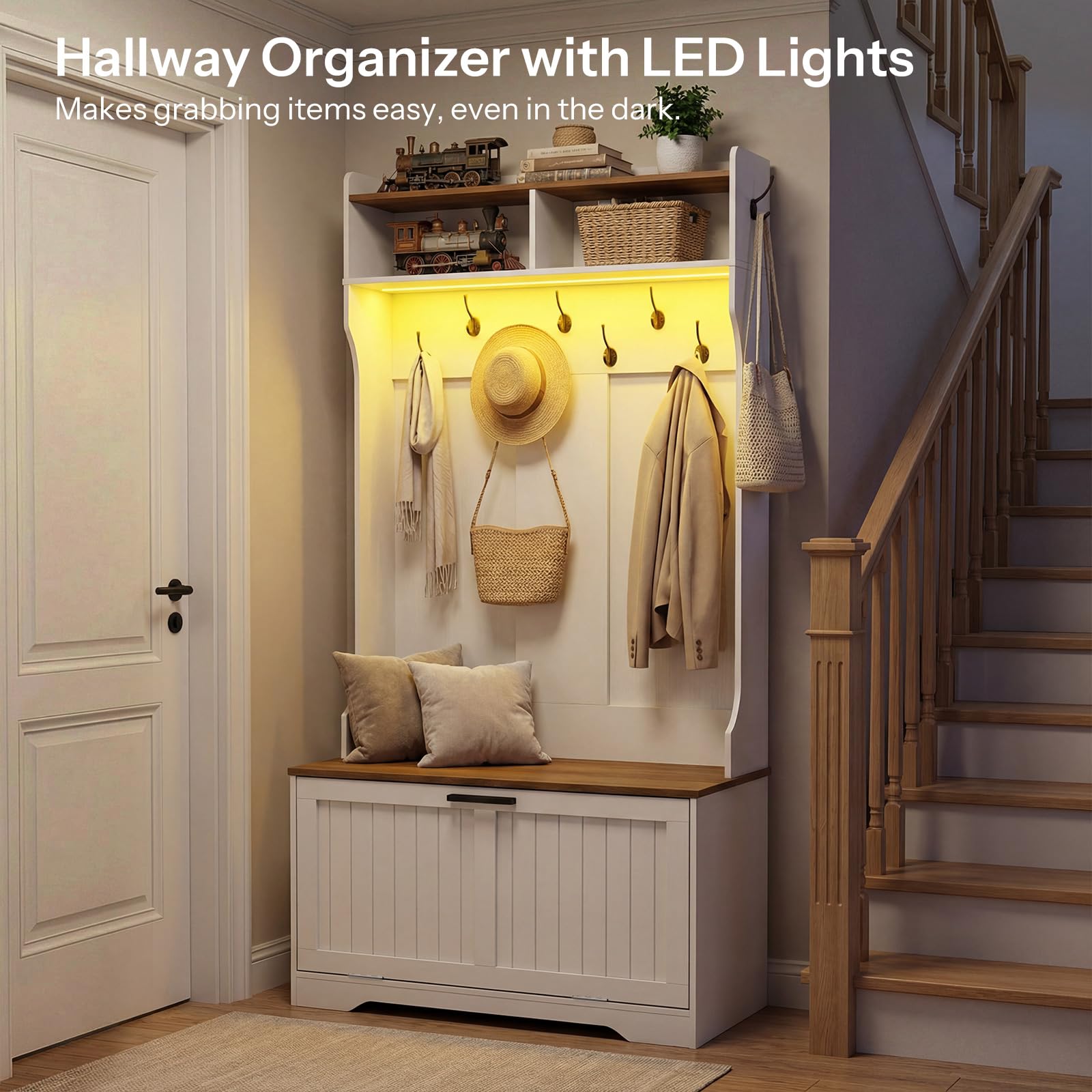 4-in-1 Hall Tree with Bench, Shoe Cabinet, 9 Hooks & LED Light Strip