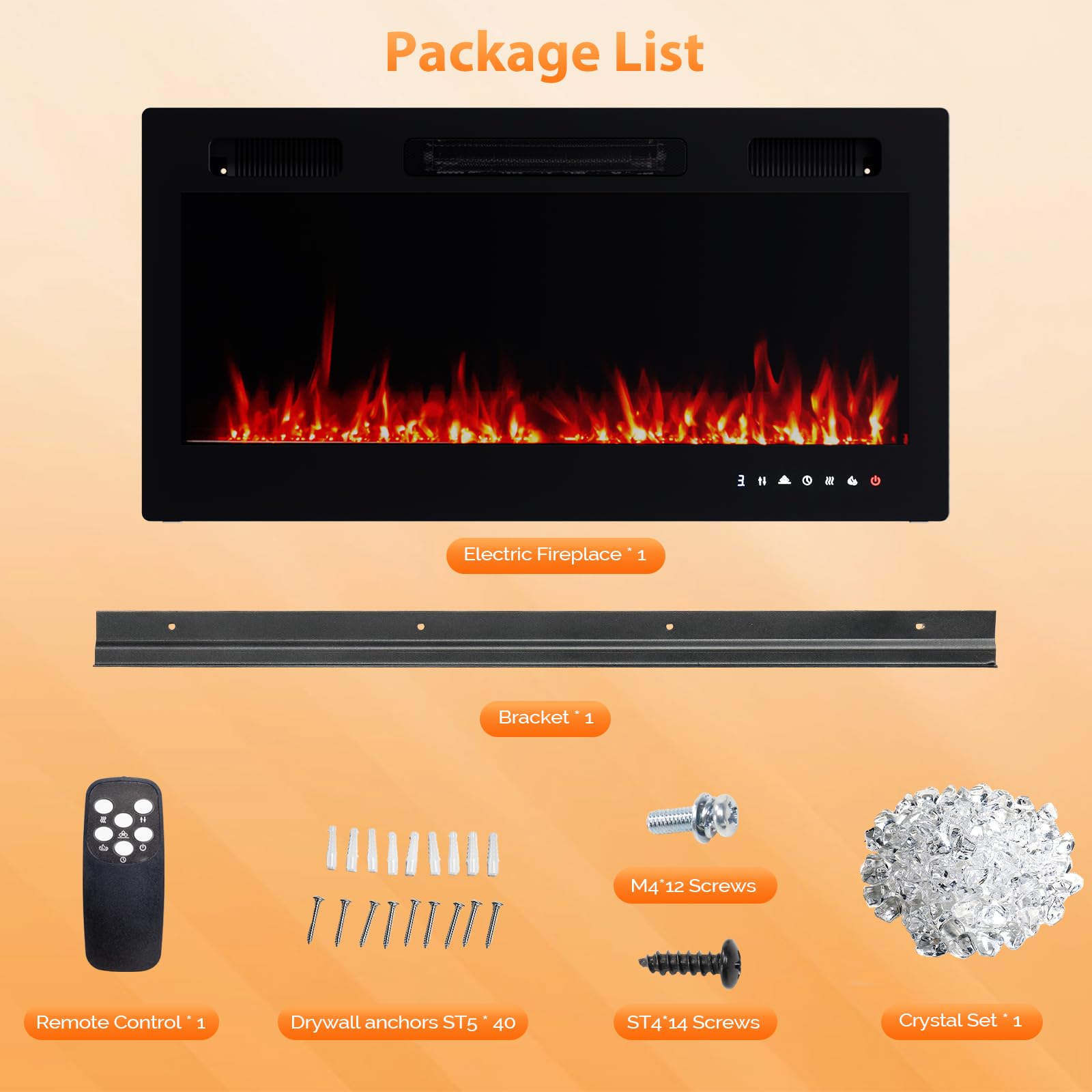 ROVSUN 36'' Electric Fireplace, 2-in-1 Ultra-Thin Wall Mounted & Recessed Fireplace with Remote & APP Control, 1500W Wall Heater w/ 12 Flame Color, 5 Brightness, Timer, Crystal Set