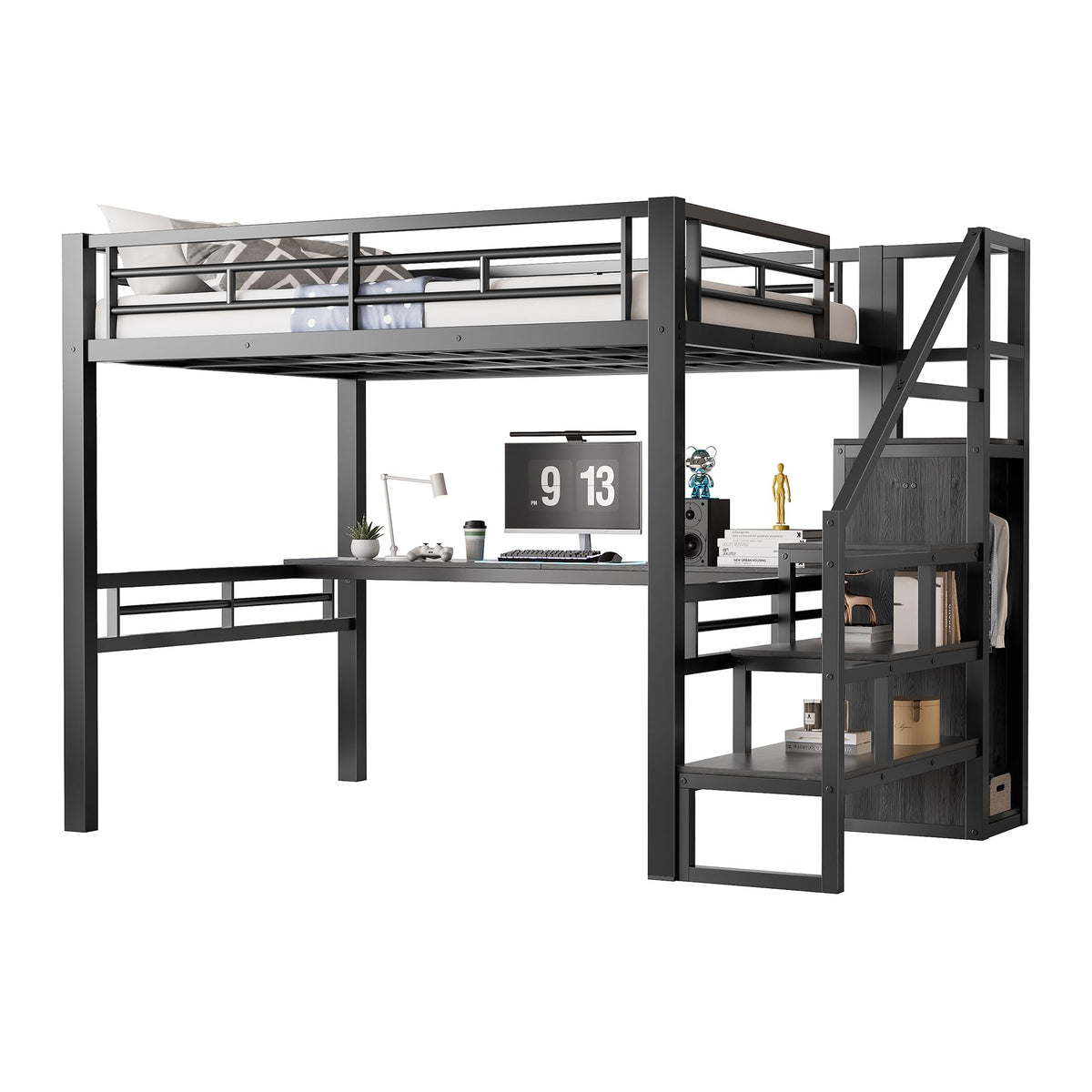 Queen Loft Bed with Desk and Storage