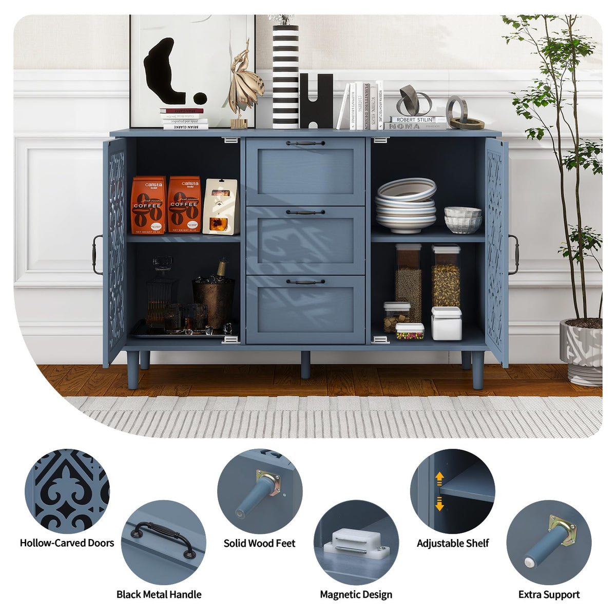 YHAOWORKS Sideboard Buffet Cabinet with Storage - Accent Storage Cabinet American Furniture, Modern 2 Door 3 Drawer Cabinet, Farmhouse Wood Credenza for Kitchen, Dining Room, Entryway (Blue)