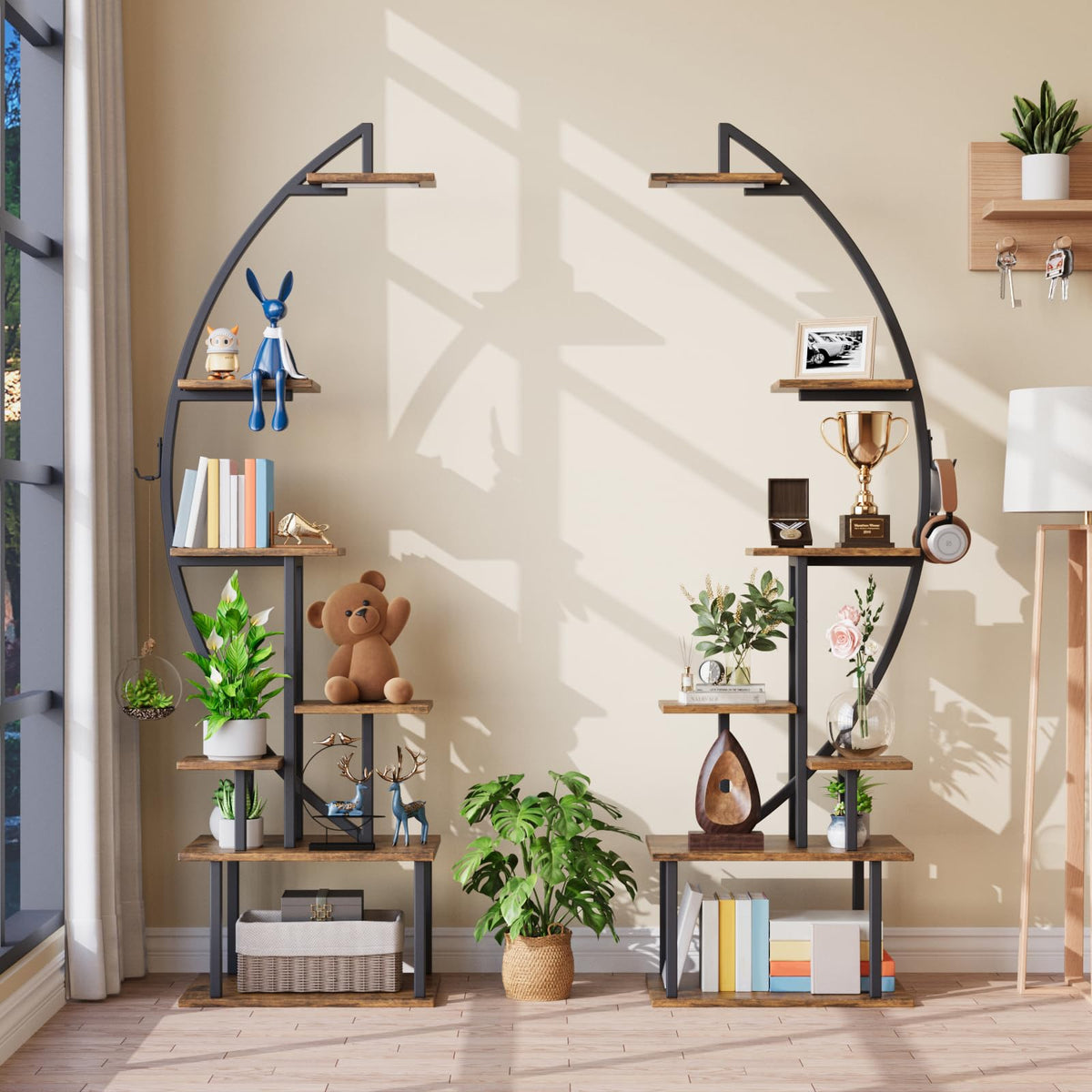 BECOKOME Tall Bookshelf with Lights, 2 Pack Ladder Bookcase, 7 Tier Arched Home Office Storage Book Collectibles Shelves, 64" Modern Corner Display Shelf for Bedroom Living Room Balcony, Rustic Brown