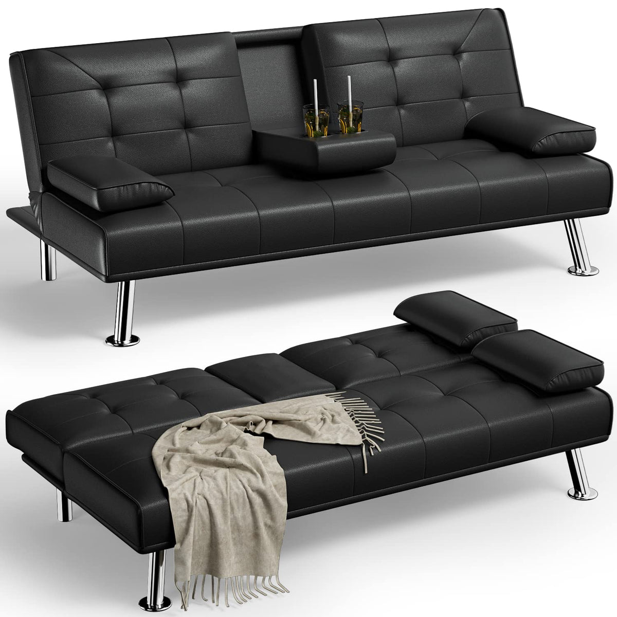 Black Faux Leather Futon Sofa Bed