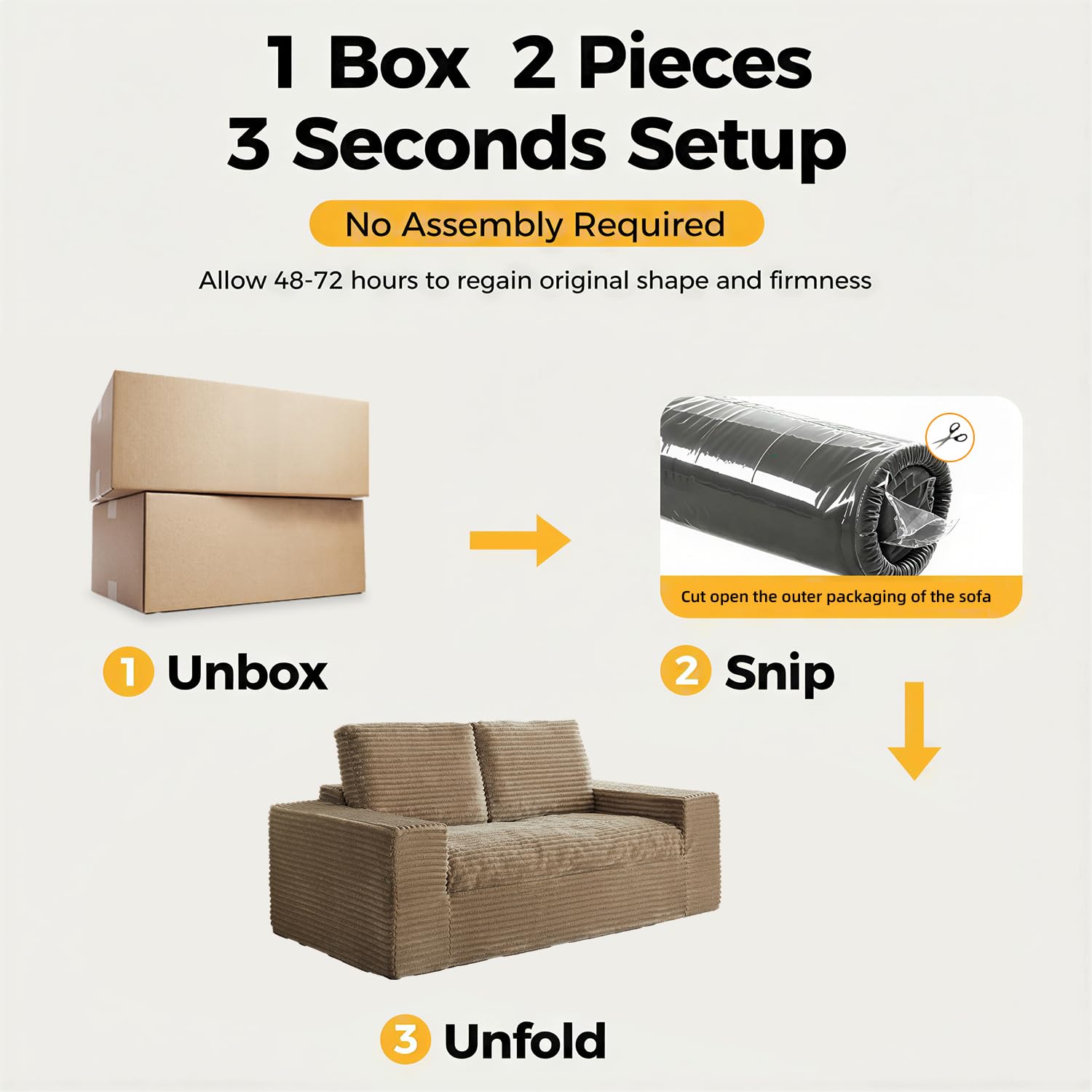 75" Fluffy Corduroy Boneless Couch Cloud Loveseat with Wide Armrest, Upholstered Floor Sofa in A Box, No Assembly Required, Sleeper Sofa for Small Compact Living Room,Office,Apartment (Grey)