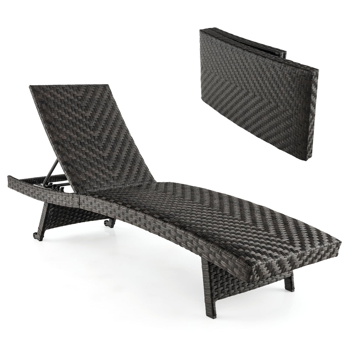 Tangkula Folding Patio Chaise, Quick Dry Foam Padded All Weather Resistant Rattan Lounge Chair with 5-Level Adjustable Backrest & Rear Wheels, Outdoor Wicker Recliner for Backyard, Garden (1)