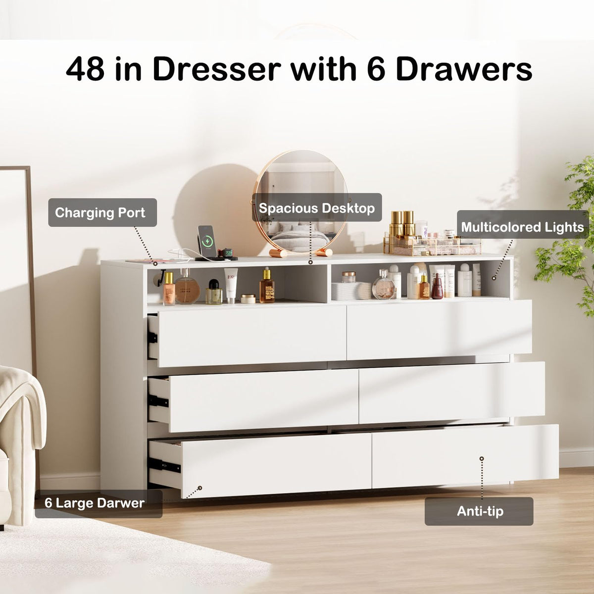 Vipbear 6 Drawer Dresser with 2 Shelves & RGB Lights & Power Outlets