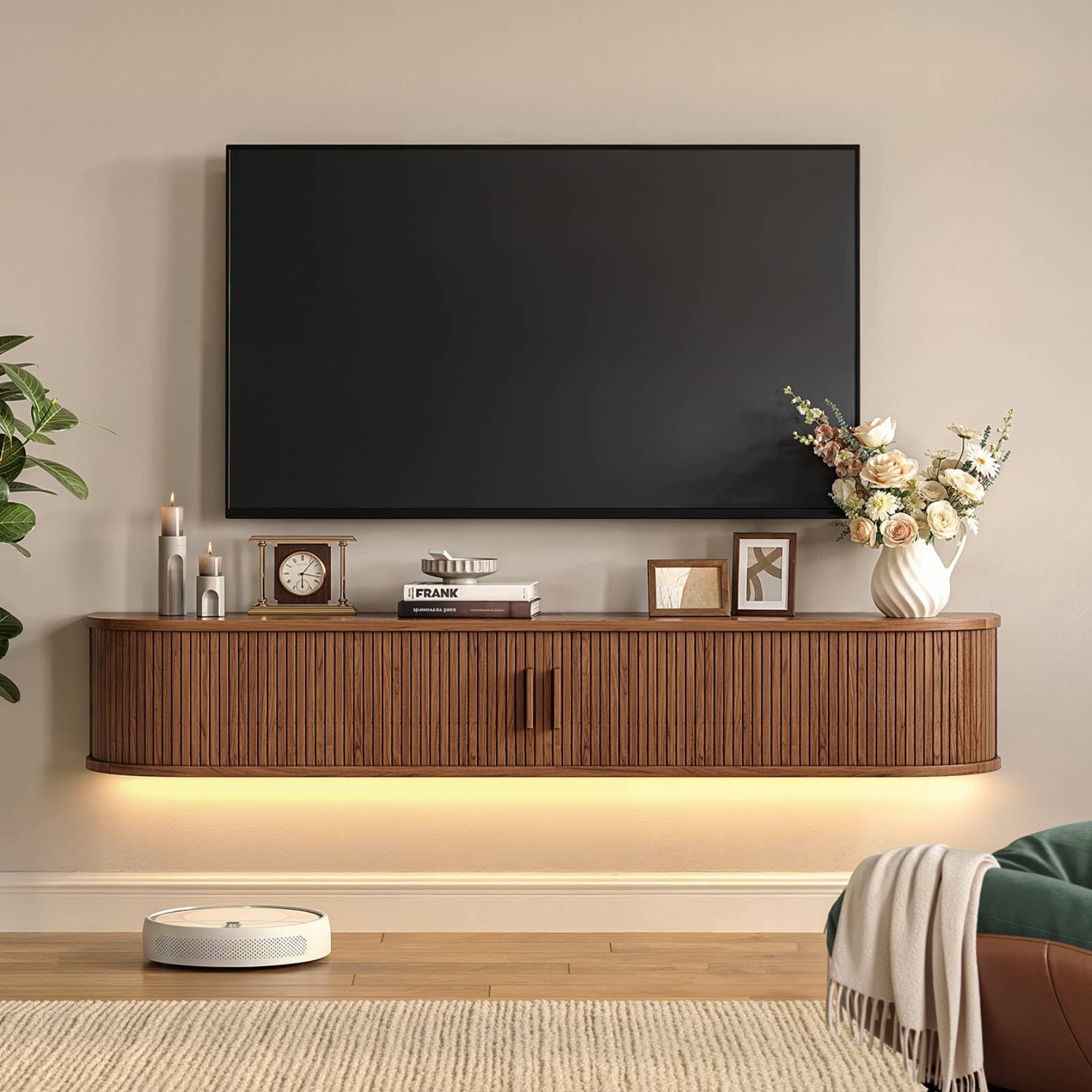 63" Floating TV Stand with Power Outlet for TVs up to 75", Fluted Entertainment Center with Remote Control for LED Lights, Mid-Century Modern TV Console w/Sliding Door for Living Room, Bedroom Walnut