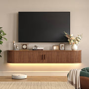 63" Floating TV Stand with Power Outlet for TVs up to 75", Fluted Entertainment Center with Remote Control for LED Lights, Mid-Century Modern TV Console w/Sliding Door for Living Room, Bedroom Walnut