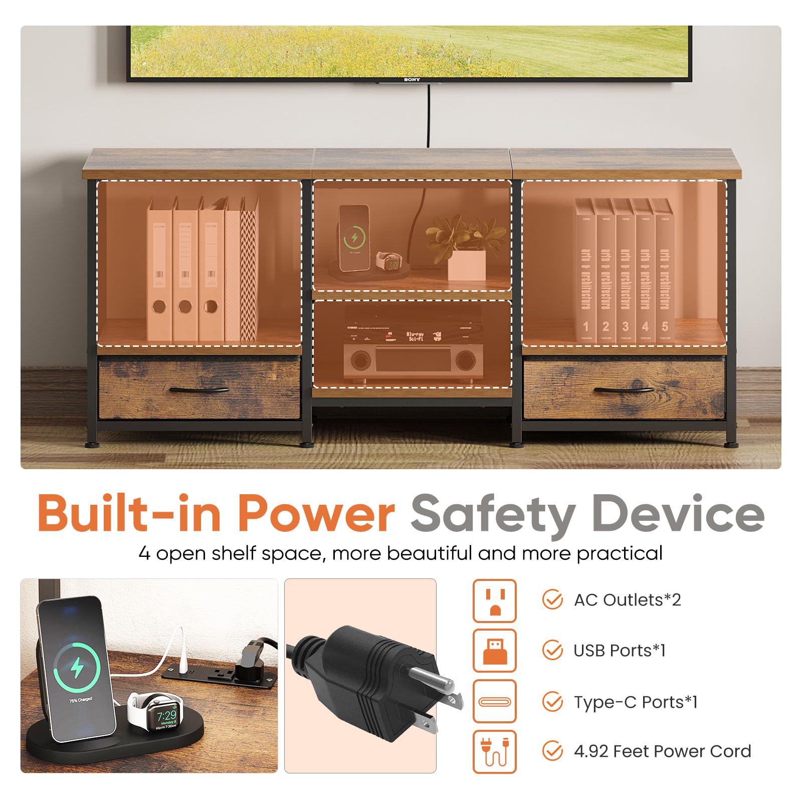 Rustic TV Stand with Charging Station