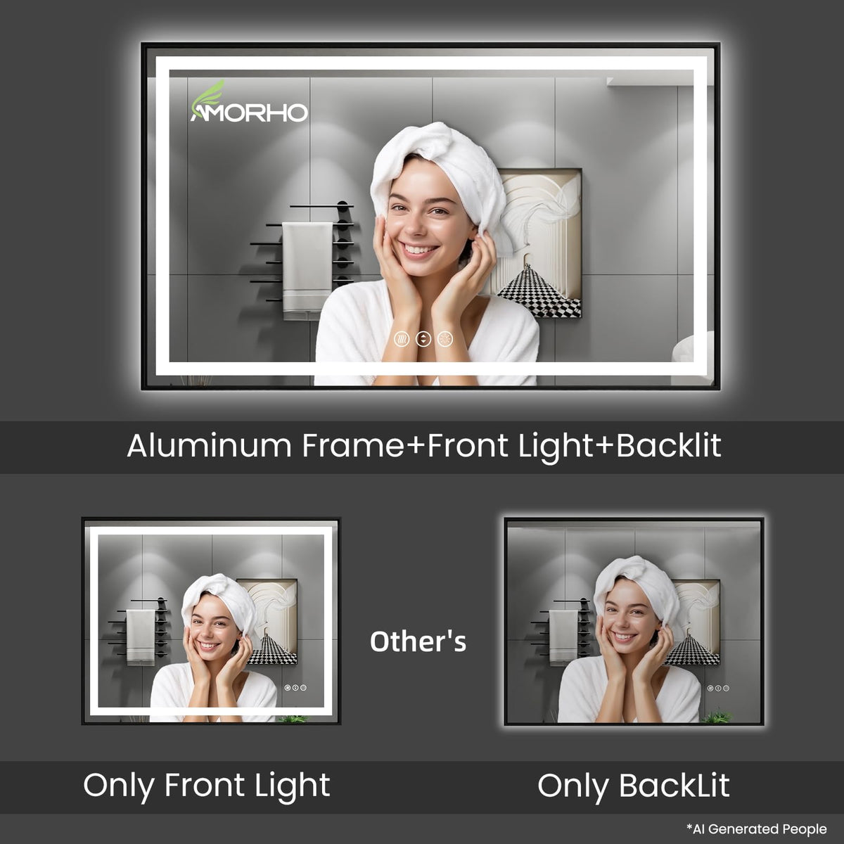 Amorho LED Bathroom Mirror, 60"X36" Front Lit and Backlit with Black Frame