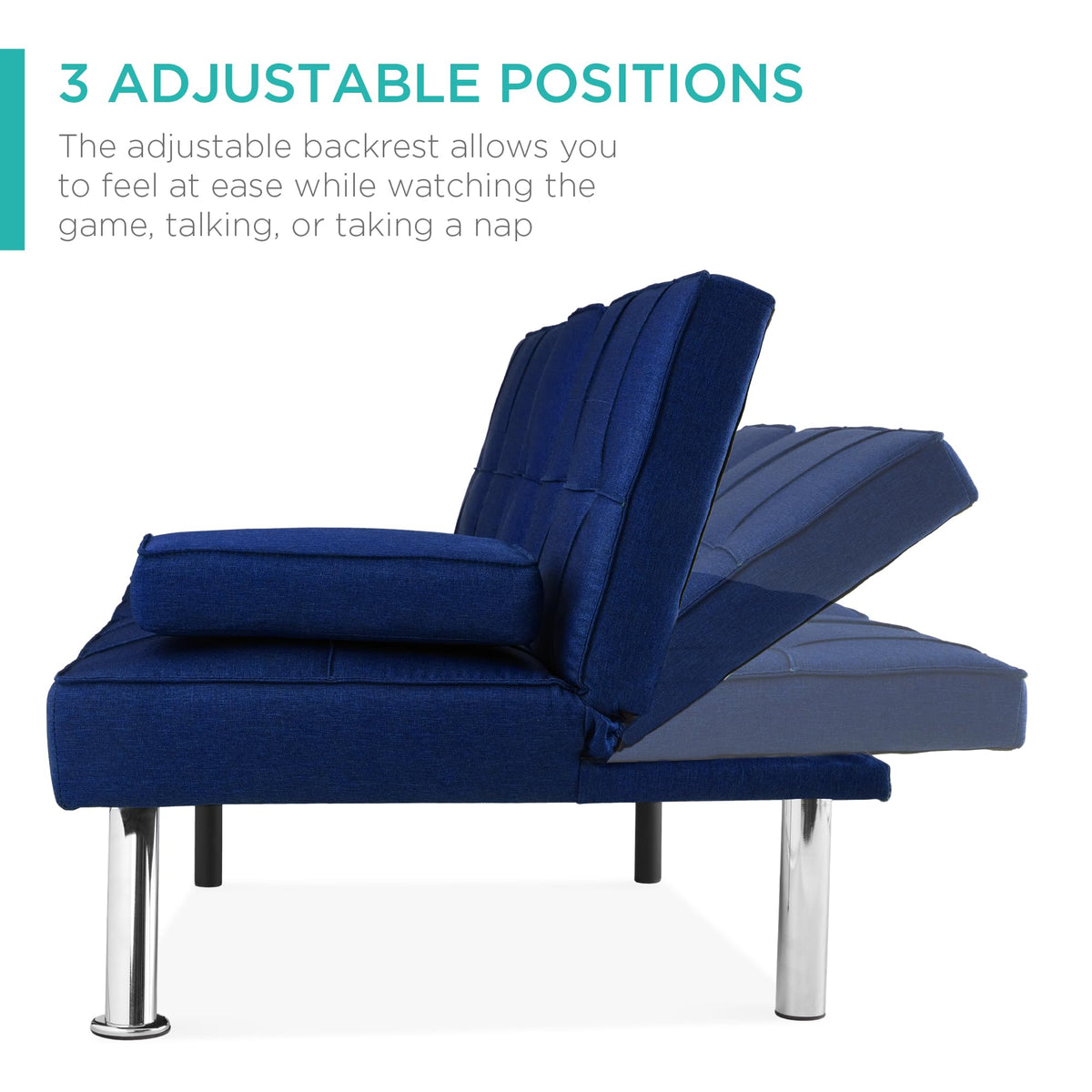 Best Choice Products Linen Modern Folding Futon, Reclining Sofa Bed for Apartment, Dorm w/Removable Armrests, 2 Cupholders - Dark Blue