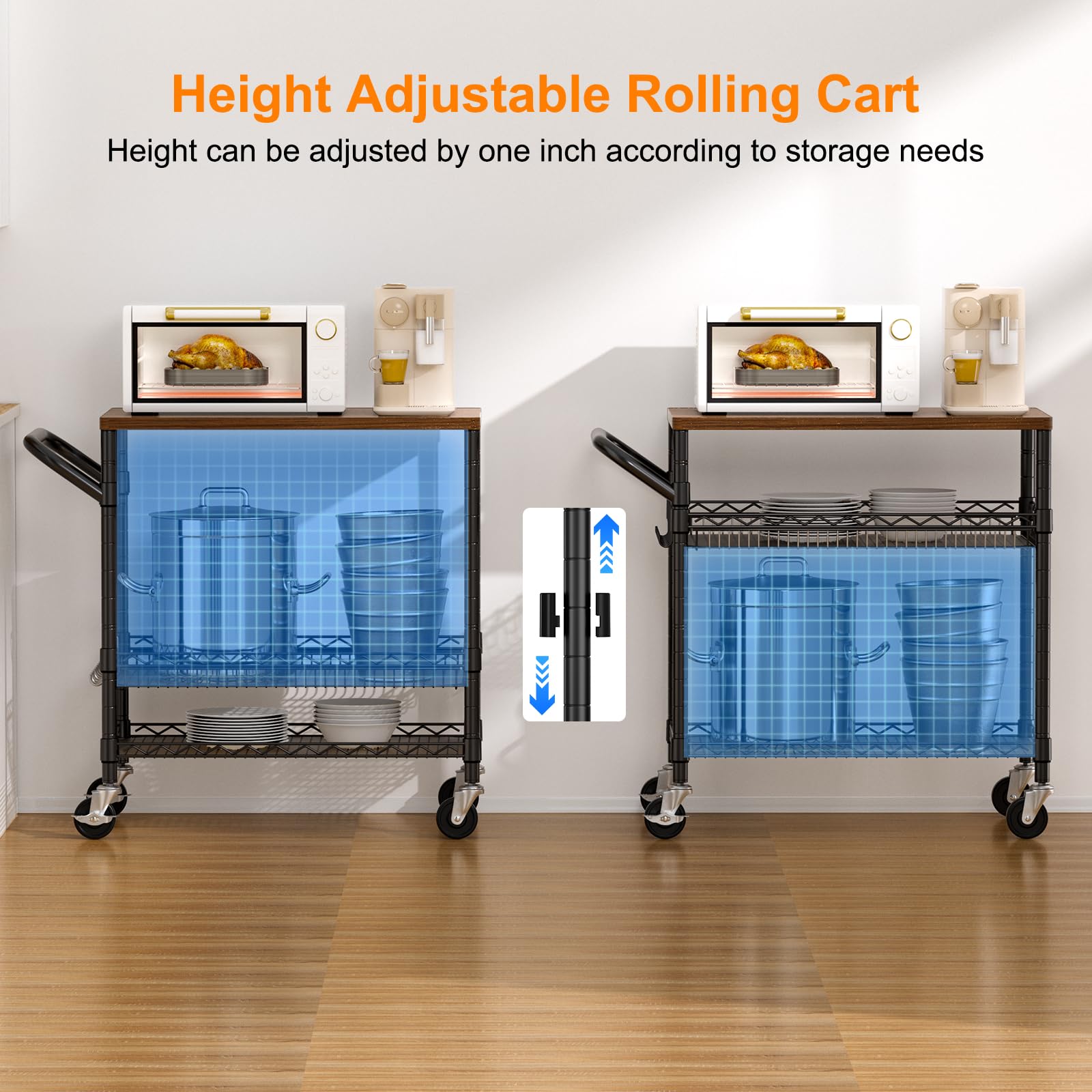 NTE Rolling Kitchen Carts on Wheels, 650Lbs Capacity 3 Tier Utility Cart with Wood Tabletop, Kitchen Storage Cart with 8 Hooks, Metal Serving Cart with Handle and Shelf Liners for Kitchen, Black