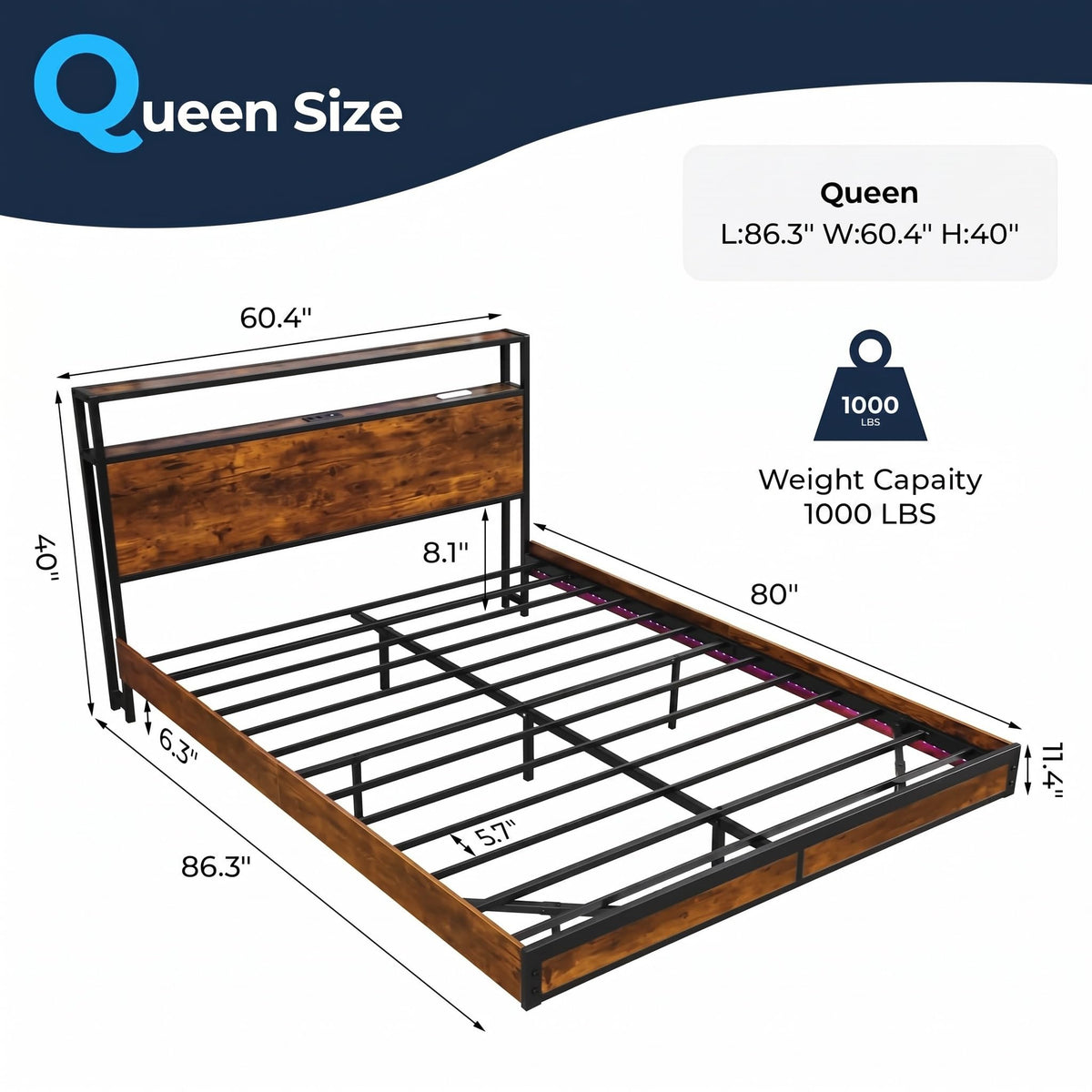 BedsPick Queen Size Bed Frame with 2-Tier Storage Headboard, Sturdy Metal Platform Bed Frame with Charging Station & LED Lights, Noise-Free/Metal Support/No Box Spring Needed, Rustic Brown