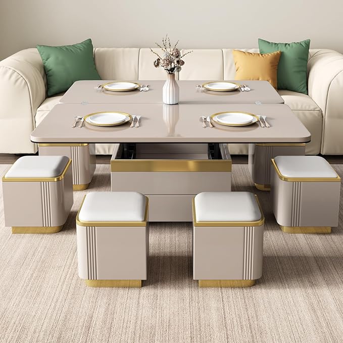 3-in-1 Lift-Top Coffee Table with Storage Stools & Wheels
