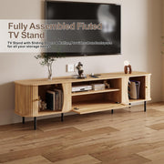 basenji Fully Assembled 71" Mid Century Modern TV Stand with Power Outlet and Sliding Doors, Rattan Entertainment Center with Storage, Wood Media Console,TV Consoles for Living Room, Wood