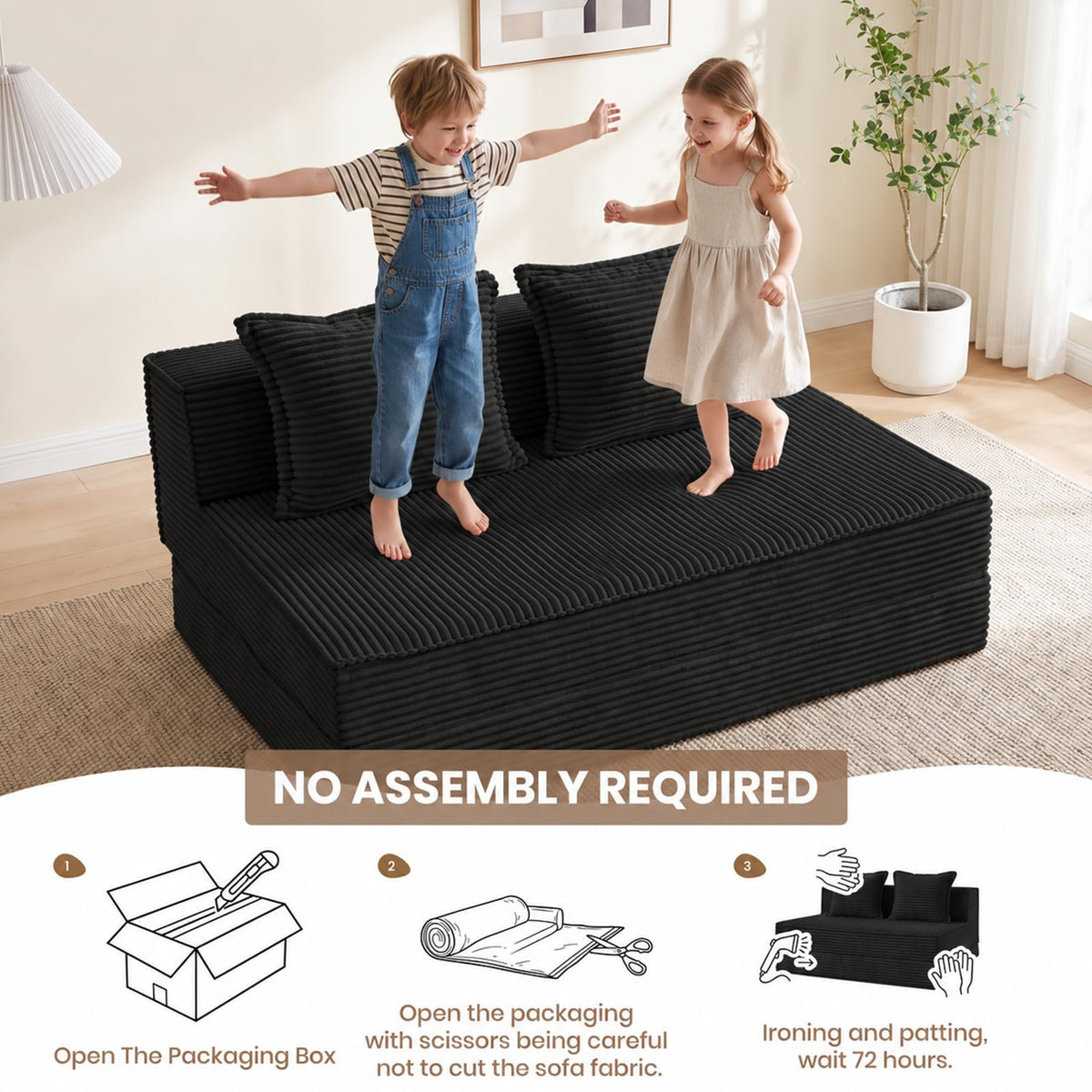 AOLVDOW Convertible Sofa Bed, Boneless Couch Loveseat Sleeper Chair Bed with 2 Pillows,Corduroy Floor Futon Folding Sofa Bed for Living Room Bedroom Guest Room (Black, Loveseat)