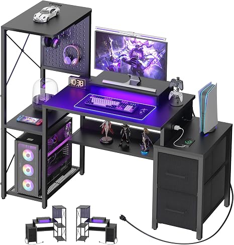 Gaming Desk with Drawers, LED Lights & Power Outlet